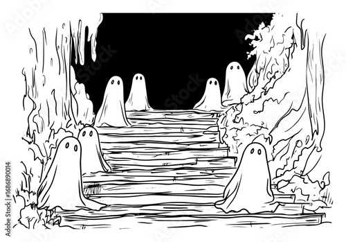 Haunted stairs vector – ghostly sheets on forest staircase at night, spooky Halloween scene