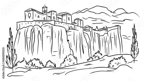 Cliffside monastery vector – dramatic mountain fortress overlooking valley, detailed travel sketch