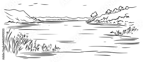 River valley sketch vector – tranquil water meandering through reeds and hills, peaceful nature scene