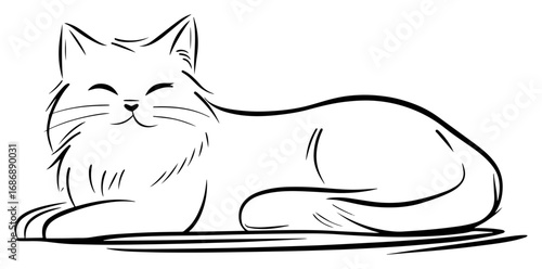Relaxed cat vector – fluffy feline lying contentedly, simple pet outline illustration