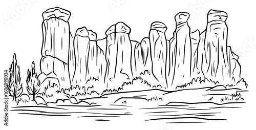Stone pillar valley vector – tall hoodoo rock formations rising from desert plain, geological wonder sketch