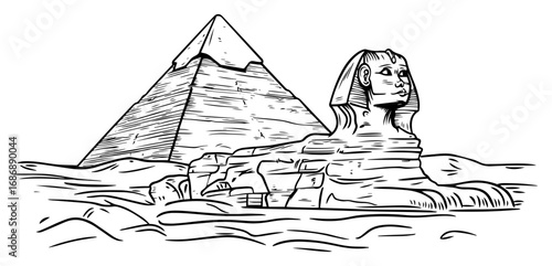 Pyramid and Sphinx vector – iconic Egyptian monument duo at Giza plateau, historic travel sketch