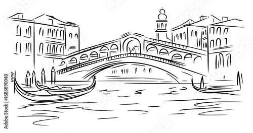 Venice Rialto bridge sketch vector – gondolas on Grand Canal beneath historic arch, travel illustration
