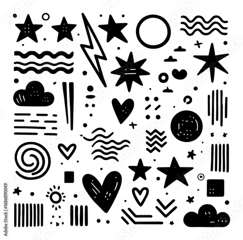 Hand-drawn shapes doodle vector – stars, hearts, clouds and arrows, playful design element collection
