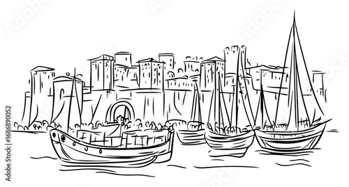 Fishing boats harbor vector – small trawlers docked before old fort walls, nautical sketch scene
