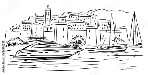 Yacht marina town vector – luxury boats moored by Mediterranean village, coastal travel sketch