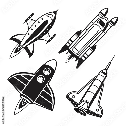 Four retro rocket ship illustrations spaceship spacecraft