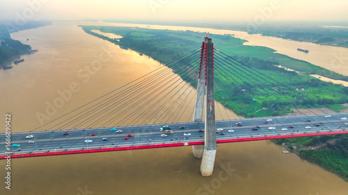Canvas Print Aerial skyline view of Nhat Tan bridge in Hanoi city, Vietnam.