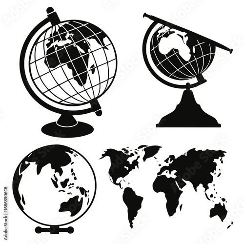 Globes and world map silhouettes education geography