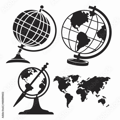 Globes and world map silhouettes education geography