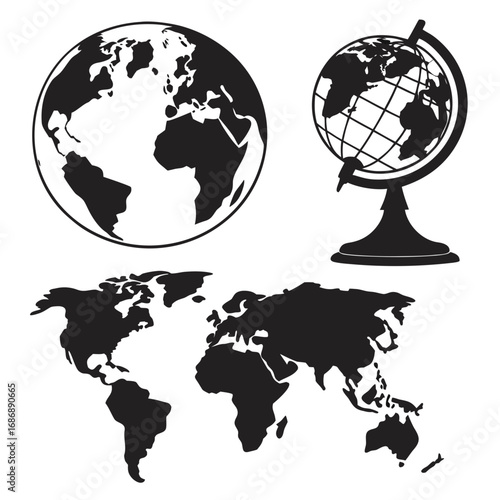 Globes and world map silhouettes education geography