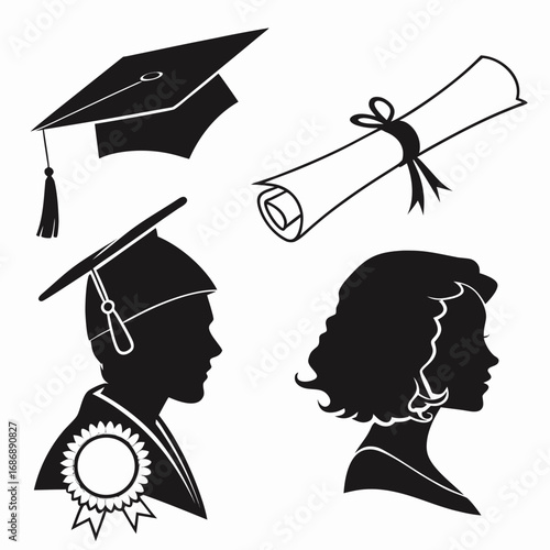 Graduation caps diplomas and profiles scroll ribbon