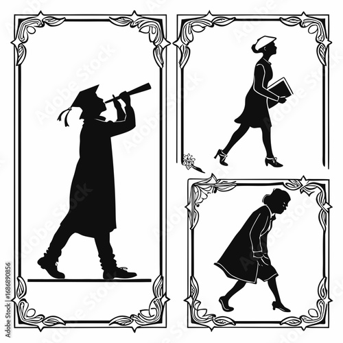 Graduation figures in decorative frames diploma certificate