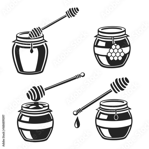 Honey jars and dippers icons honey dipper honeycomb