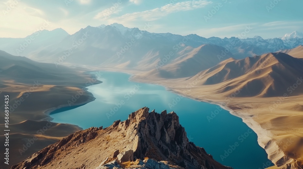 Fototapeta premium Person standing on mountain top with a lake in the background. Arashan asia central video of the summit of lake. Panorama of the field with a shallow elevation. An lifestyle individual positioned.
