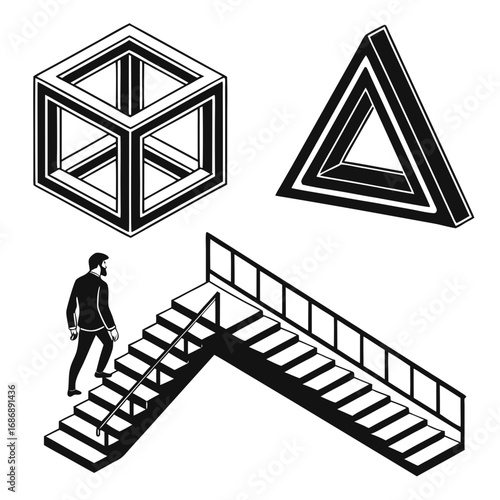 Impossible cube triangle staircase man climbing impossible triangle