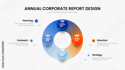 Elegant Innovation Slideshow Layout Vector Illustration. Investor Plan Four Element Diagram Frame Design. Clean Profile 4 Option Chart Presentation Template.