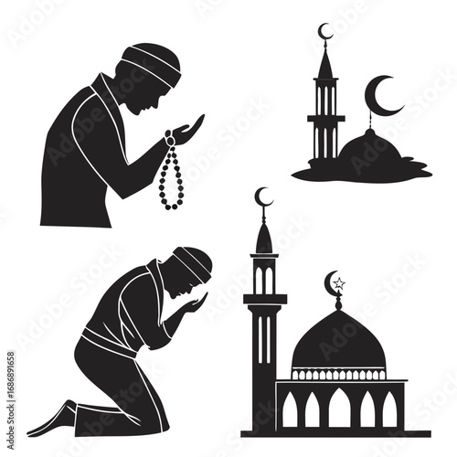 Islamic prayer icons mosque crescent moon prayer beads