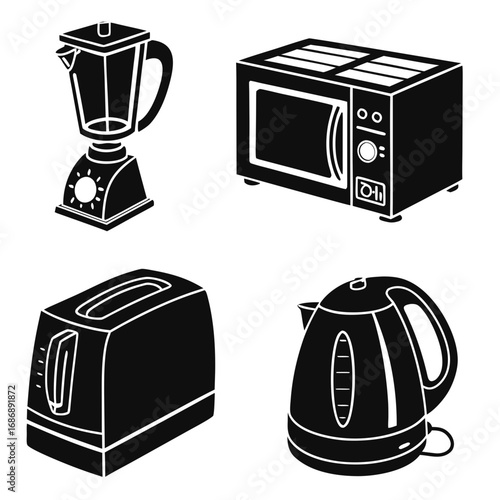 Kitchen appliance silhouettes blender microwave toaster kettle