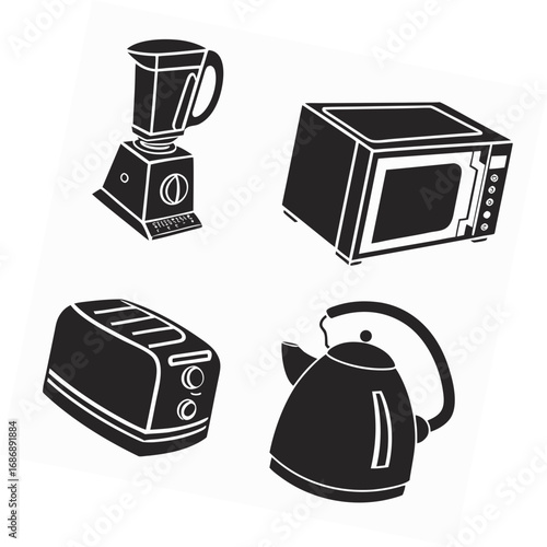 Kitchen appliance silhouettes blender microwave toaster kettle