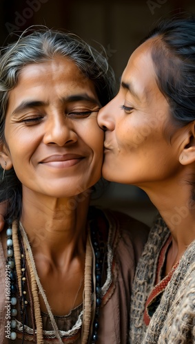 A daughter kissing her mother showing love and affection in a tender moment