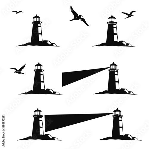 Lighthouses and soaring seagulls bird flight