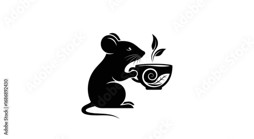 Charming black silhouette of a mouse holding a steaming teacup.