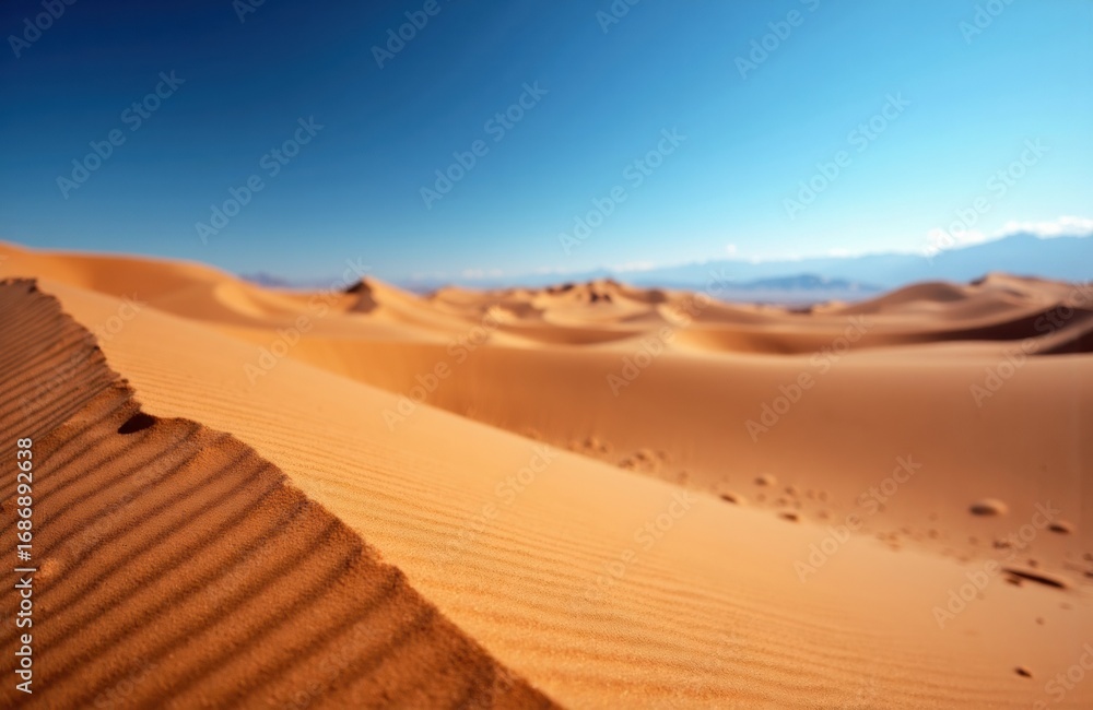 Fototapeta premium Golden sand dunes stretch across a desert landscape under a clear blue sky with distant mountains in the background