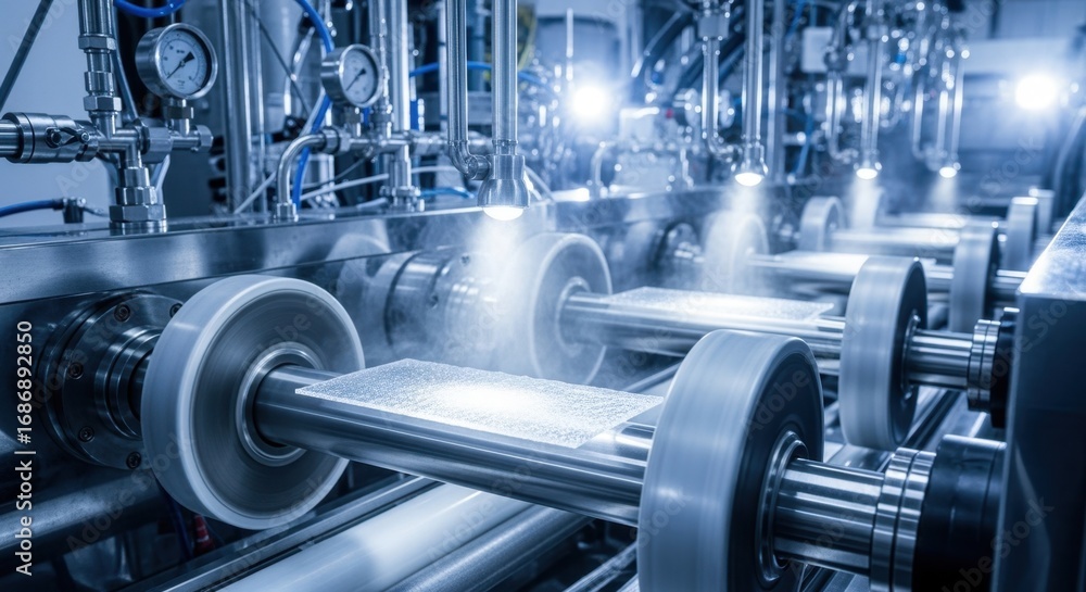 Fototapeta premium Dynamic photograph capturing spinning rolls feeding polymer substrate through chemical vapor deposition line producing uniform graphene coatings.