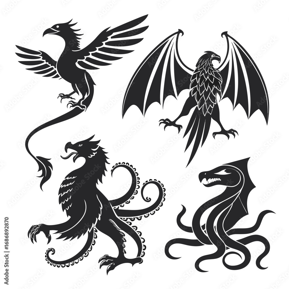 Obraz premium Mythological creature silhouettes black and white mythological creatures