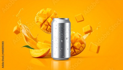 Aluminum can of mango juice surrounded by mango slices and splashes of juice on an orange background.