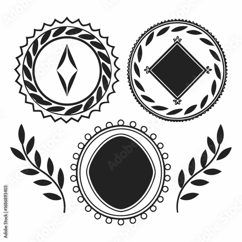 Ornate circular emblems with laurel branches badge
