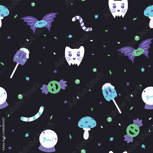 Dark Halloween pattern with cat skull, ghosts, candies and gummy worms seamless  purple blue green background