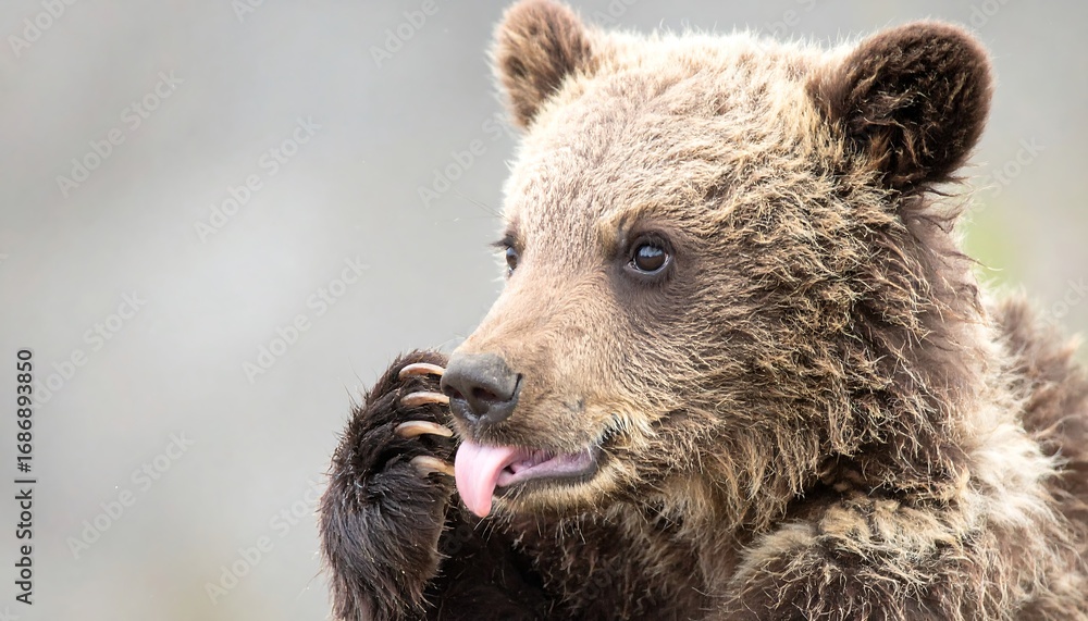 Fototapeta premium Cute bear cub licking paw