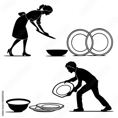 People washing dishes silhouette plates