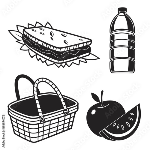 Picnic food basket sandwich drink fruit vector