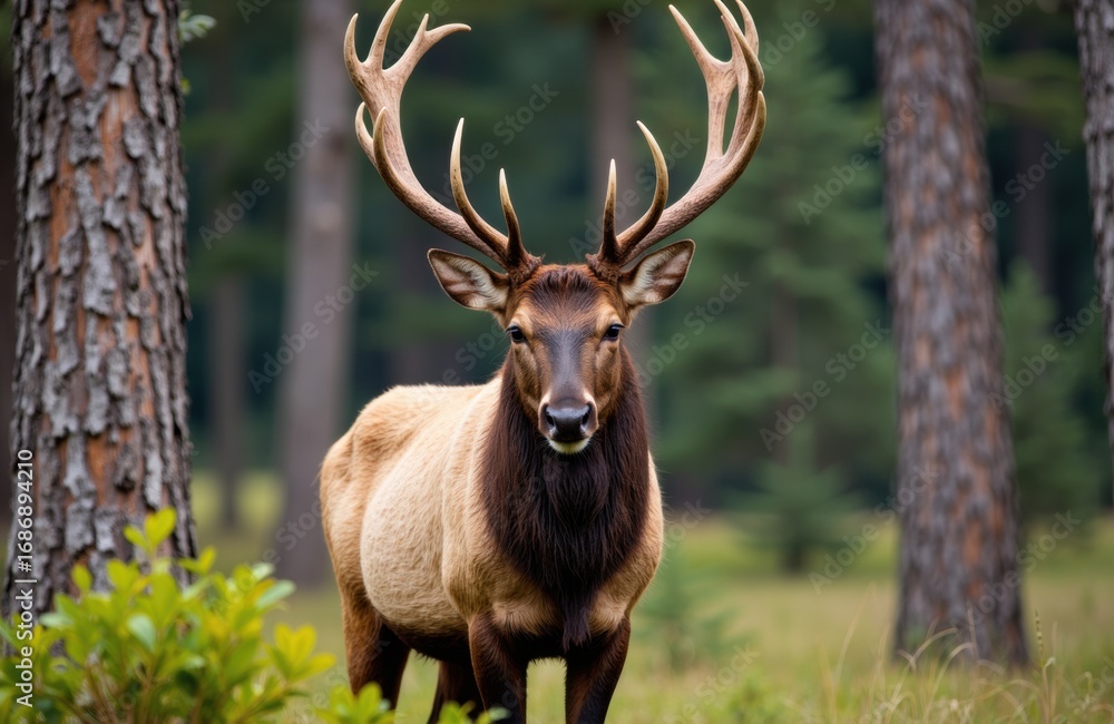 Fototapeta premium Majestic elk standing in a forest clearing with tall trees and lush greenery