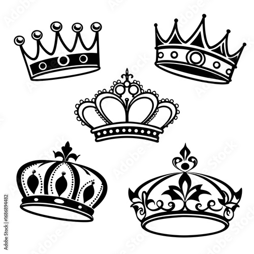 Royal crowns and tiaras black outlines king queen
