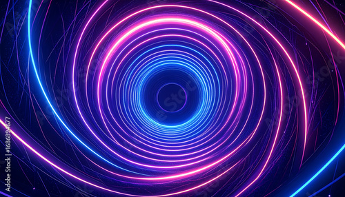 Abstract swirling vortex tunnel of neon pink and blue glowing lights, mesmerizing futuristic digital art