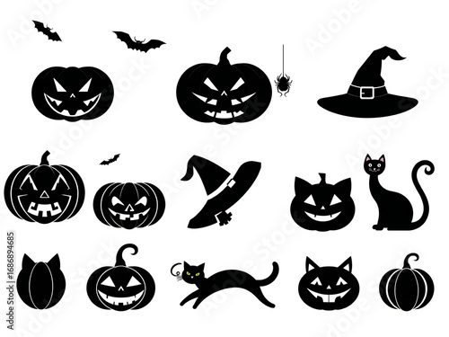 Collection of spooky halloween icons including pumpkins cats bats and witch hats
