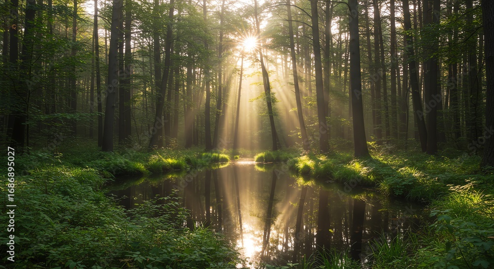 Obraz premium Forest stream sunlight trees reflection