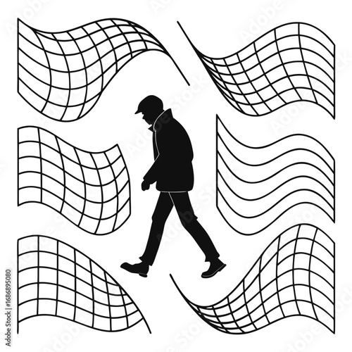 Silhouette man walking amidst wavy grid distortions