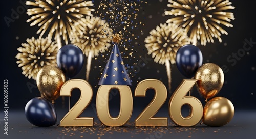 Premium elegant metallic gold and navy blue new year 2026 greeting with party hat, confetti, balloons, and fireworks, cinematic lighting