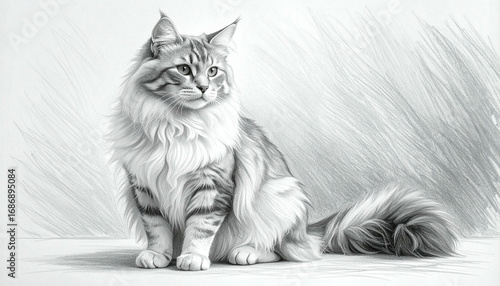A grayscale pencil sketch of a Maine Coon cat, seated and gazing thoughtfully.