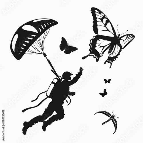 Skydiver with butterflies parachute jumping