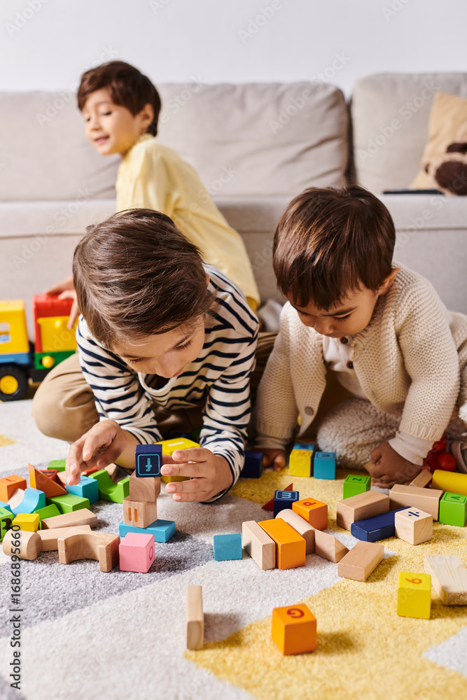 Obraz premium Siblings enjoying playtime together with colorful building blocks at home