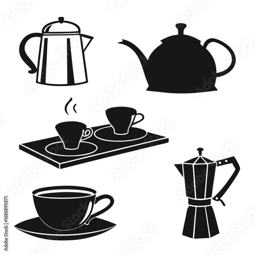 Tea set coffee pots cups saucers tray kettle