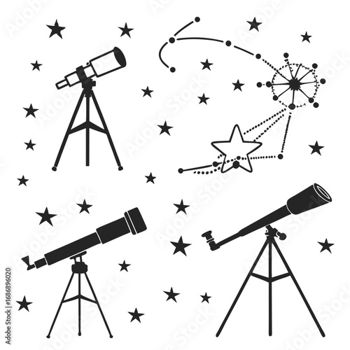 Telescopes and constellations in starry sky tripod
