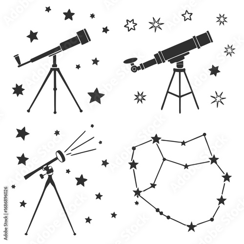 Telescopes and starry sky illustrations tripod stars