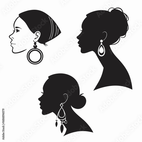 Three black silhouette profile portraits of women with earrings